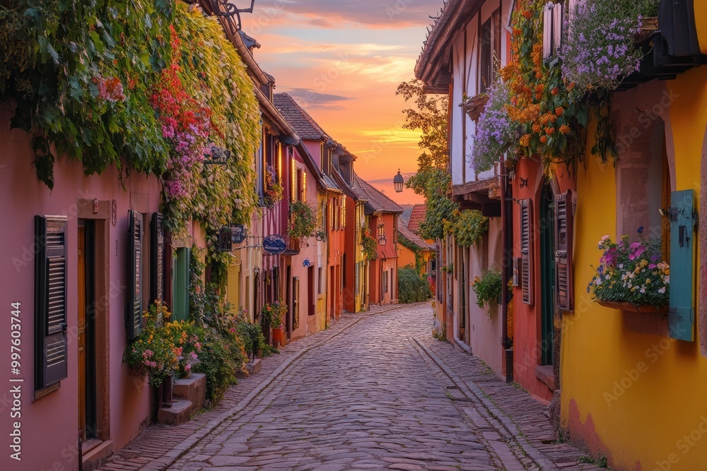 Fototapeta premium A picturesque European street at dawn, with cobblestone roads