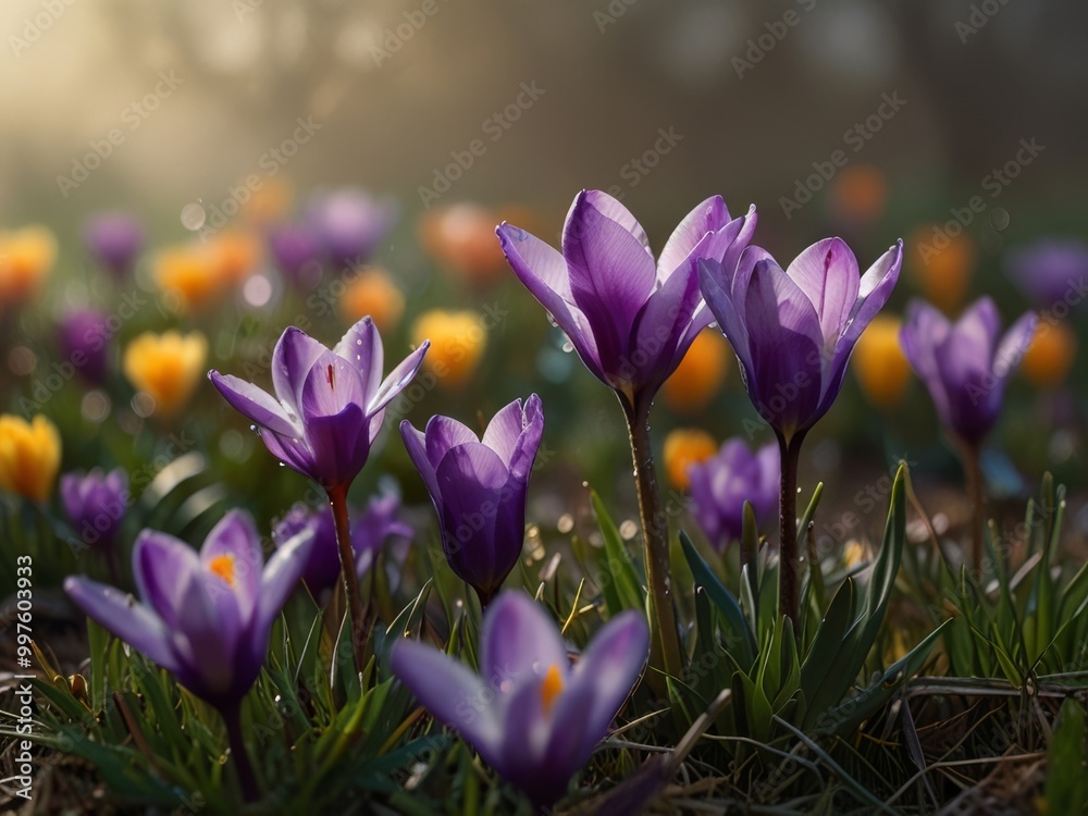 Purple Crocuses Blooming in a Field of Green Purple Crocuses Blooming in a Field of Green