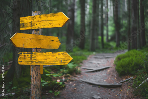 Hand-painted wooden signpost in a forest, pointing to various hiking trails, inviting exploration photo