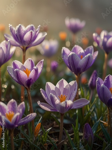 Purple Crocuses Blooming in a Field of Green