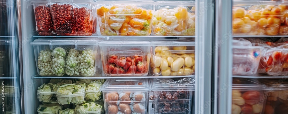 Plastic containers with different fruits and vegetables in a open fridge. frozen food storage,avocado and carrot,woman's hand take a plastic container with salad vegetable,food storage in fridge.