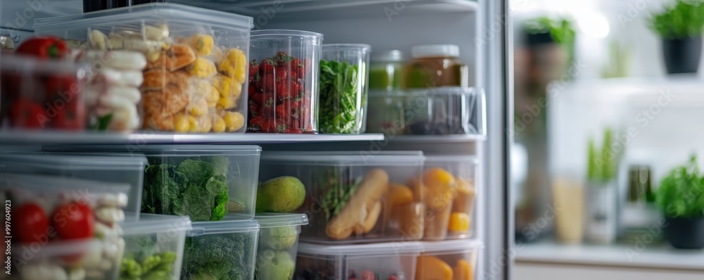 Plastic containers with different fruits and vegetables in a open fridge. frozen food storage,avocado and carrot,woman's hand take a plastic container with salad vegetable,food storage in fridge. Plastic containers with different fruits and vegetables in a open fridge. frozen food storage,avocado and carrot,woman's hand take a plastic container with salad vegetable,food storage in fridge.