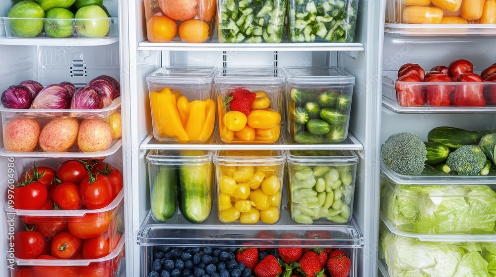 Plastic containers with different fruits and vegetables in a open fridge. frozen food storage,avocado and carrot,woman's hand take a plastic container with salad vegetable,food storage in fridge. Plastic containers with different fruits and vegetables in a open fridge. frozen food storage,avocado and carrot,woman's hand take a plastic container with salad vegetable,food storage in fridge.