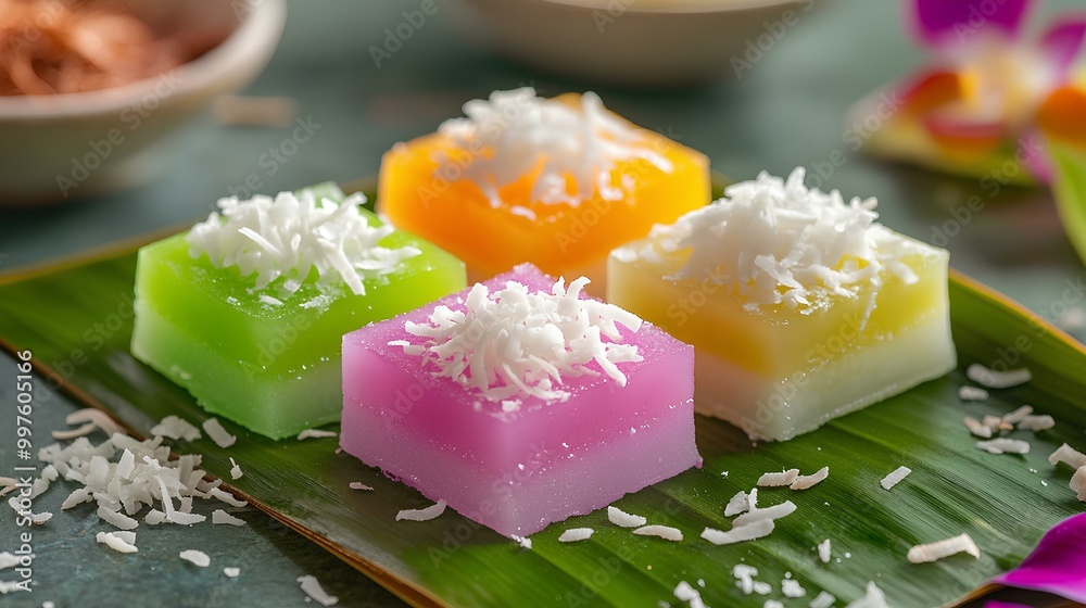 Vibrant Thai Coconut Jelly Squares in Pastel Colors Vibrant Thai Coconut Jelly Squares in Pastel Colors