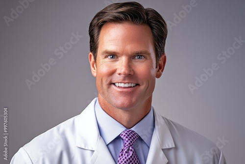 A confident healthcare professional smiles warmly against a neutral backdrop, showcasing expertise and compassion in a clinical setting