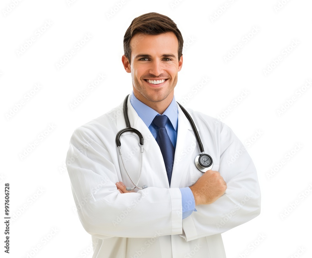 Confident male doctor in white coat and stethoscope embodies professionalism and hope in a modern clinic setting, promoting health awareness and patient care Confident male doctor in white coat and stethoscope embodies professionalism and hope in a modern clinic setting, promoting health awareness and patient care
