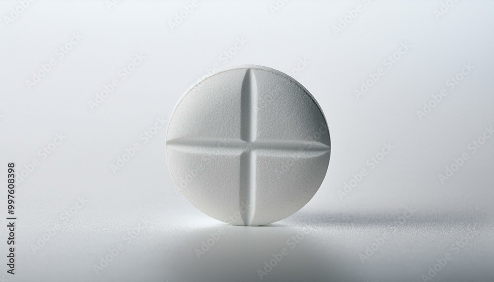 A round, white pill with a cross-shaped score line, placed upright on an empty white canvas, A round, white pill with a cross-shaped score line, placed upright on an empty white canvas,