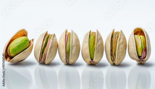  A simple line of five pistachios arranged in a straight row, evenly spaced, showing differen photo