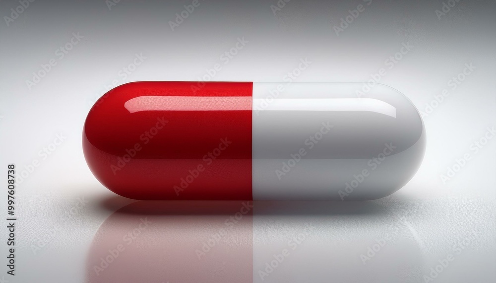 A single red and white capsule pill, perfectly centered on a pure white background with gent A single red and white capsule pill, perfectly centered on a pure white background with gent