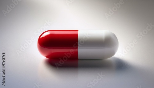 A single red and white capsule pill, perfectly centered on a pure white background with gent 