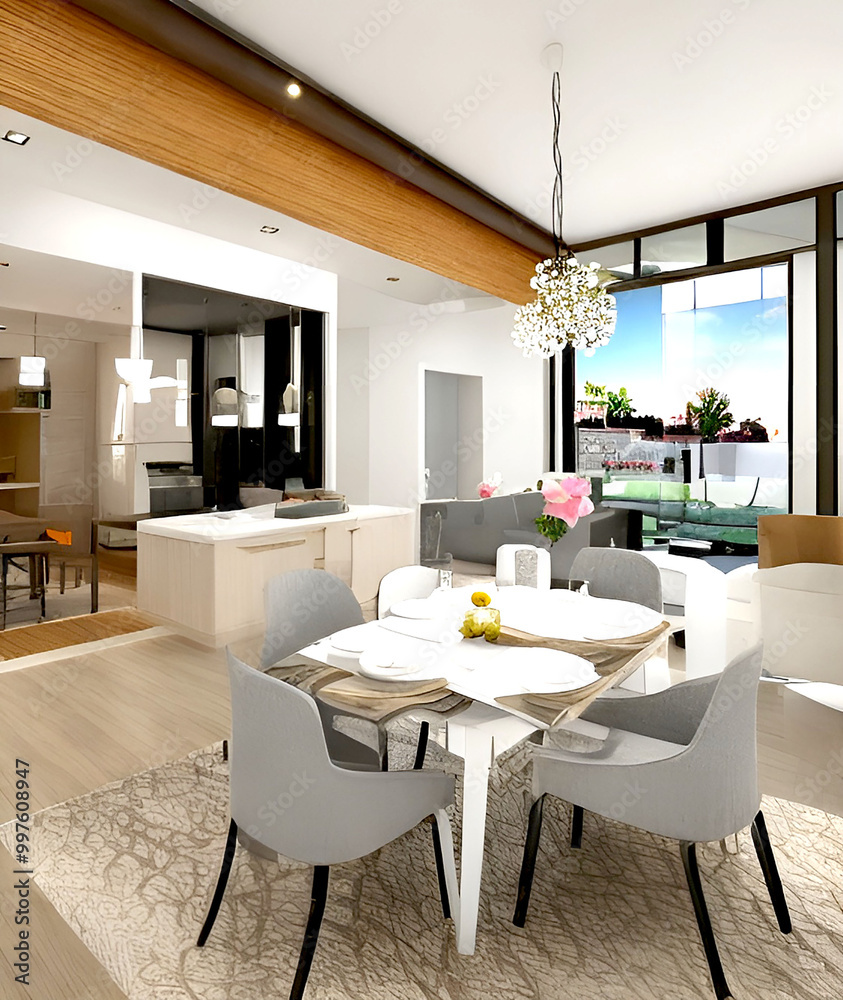 Stylish spacious kitchen and living room with refrigerator and washing machine overlooking cozy dining area with wooden ceiling next to open balcony on sunny day. Concept of modern design solutions Stylish spacious kitchen and living room with refrigerator and washing machine overlooking cozy dining area with wooden ceiling next to open balcony on sunny day. Concept of modern design solutions