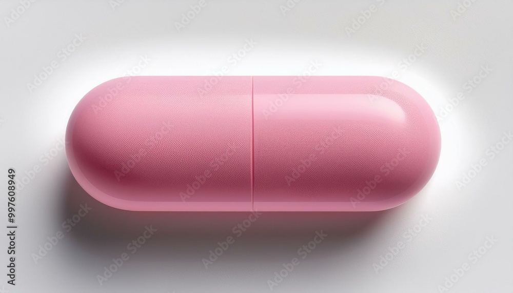 A smooth, oblong pink pill, perfectly lit with soft shadows on a pure white background, show