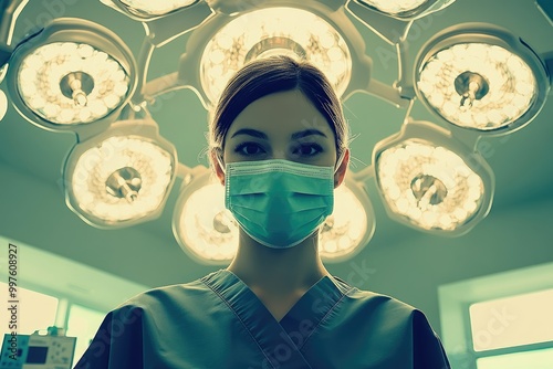 A dedicated surgeon prepares for a crucial operation in a bright, sterile surgical room under the glow of overhead lights, focused and ready for the challenge ahead