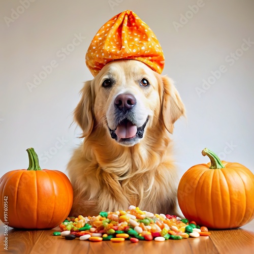 Golden Retriever sitting next to a pile of candy, wearing a pumpkin hat.