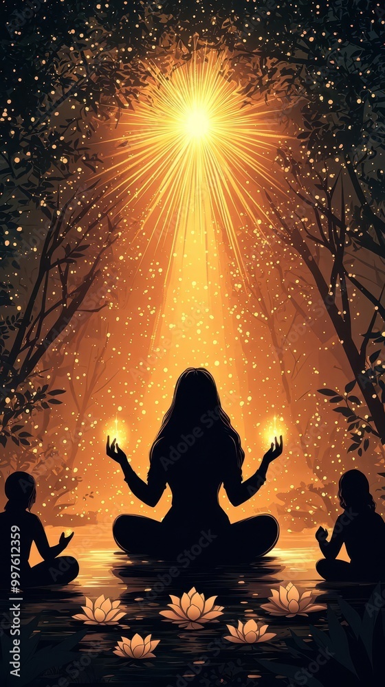 Lakshmi glowing in a forest surrounded by golden light and worshippers offering lotus flowers, Lakshmi forest, divine glow, lotus offerings Lakshmi glowing in a forest surrounded by golden light and worshippers offering lotus flowers, Lakshmi forest, divine glow, lotus offerings