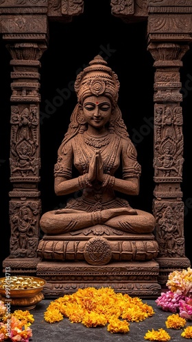 Lakshmi in an ornate temple, worshippers offering gold and flowers at her feet, Lakshmi temple, offerings, divine worship photo