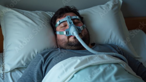 Obese Man Sleeping with CPAP
