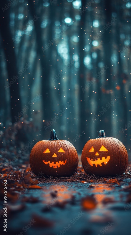 Creepy pumpkin jack o lanterns on street road in deep forest,a dark night with a full moon,Jack O Lanterns In Spooky Forest At Moonlight,Halloween background,Halloween day Banner illustration.