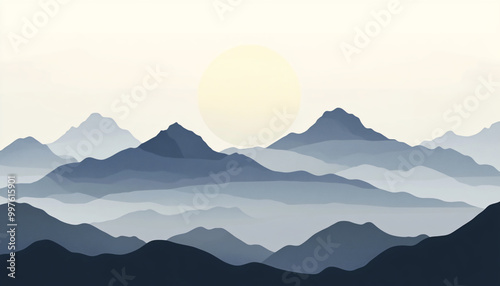 A minimalist design featuring a layered mountain range in shades of blue and gray, with a full moon or sun behind them