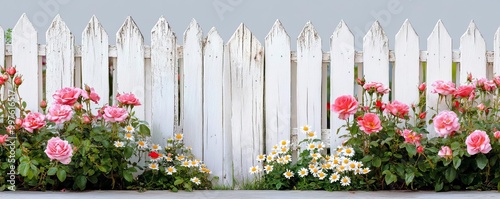 Distressed wooden fence with chipped white paint, surrounding a quaint cottage garden with roses and daisies
