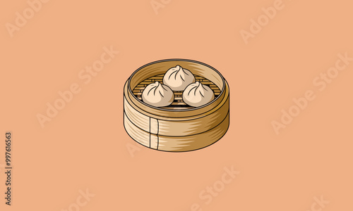 Steamed buns in a bamboo basket, dim sum style illustration.