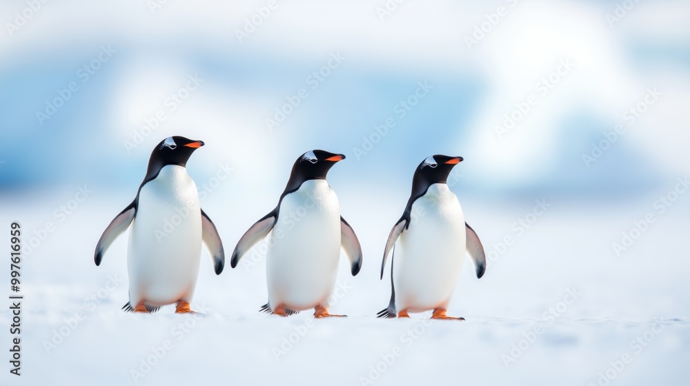 Fototapeta premium Three gentoo penguins walking across the snow in Antarctica, showcasing their distinctive features in a chilly landscape.