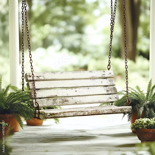 Distressed wooden porch swing with rusted chains, swaying gently in the breeze, surrounded by potted ferns photo