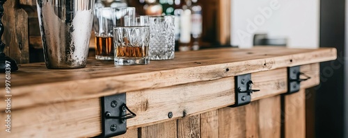 Rustic wooden bar with iron brackets, topped with vintage glassware and an old-fashioned cocktail shaker photo