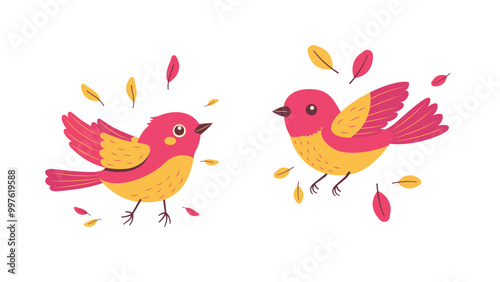 A Pair of Cute Red Robin Bird Animal with Leaves in the Park