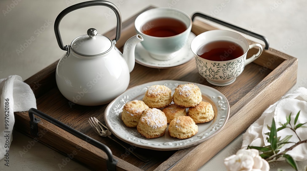 Rustic wooden tray with metal handles, holding a teapot, vintage teacups, and a plate of homemade scones Rustic wooden tray with metal handles, holding a teapot, vintage teacups, and a plate of homemade scones