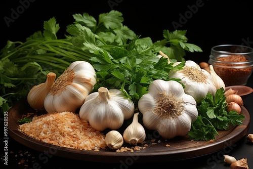 Garlic with parsley and isolated spices in white, generative IA photo