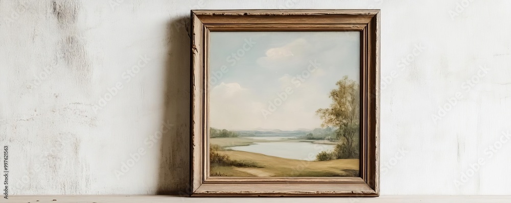 Fototapeta premium Weathered wooden frame with visible cracks, holding an old oil painting of a serene landscape