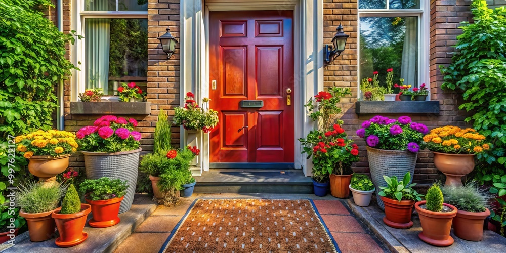 Fototapeta premium A charming home entrance featuring a warm welcome mat and vibrant potted plants creates an inviting atmosphere for