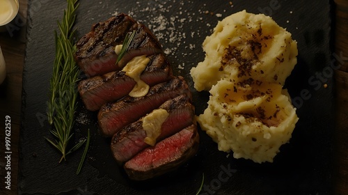 A sumptuous steak perfectly grilled, paired with creamy mashed potatoes, garnished with fresh herbs, presented on a sleek slate board, showcasing a delight for culinary enthusiasts everywhere. photo