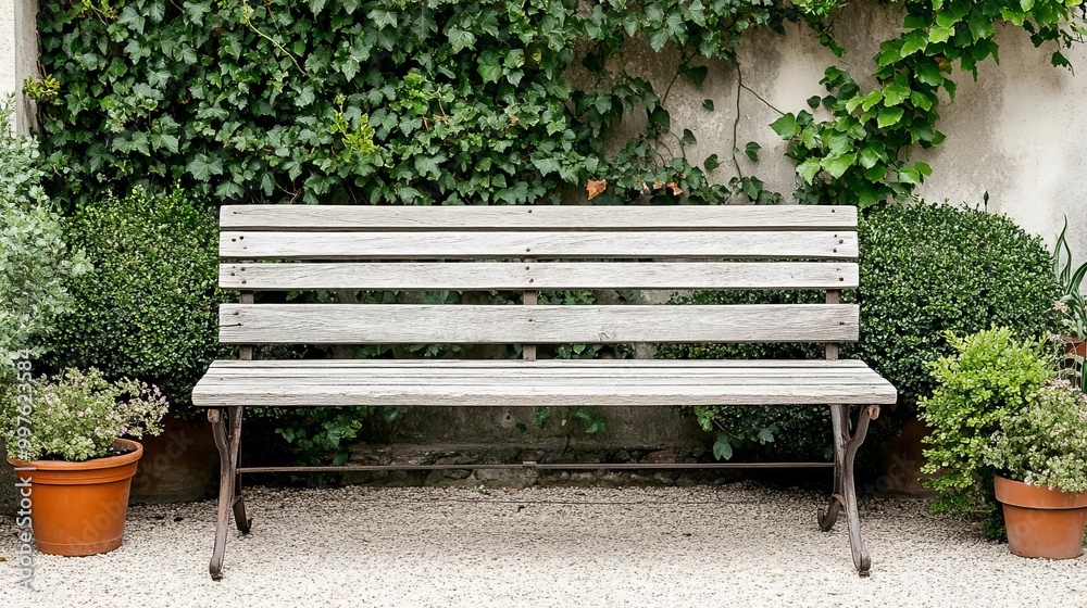 Worn-out wooden bench with iron legs, surrounded by ivy and potted plants in a rustic garden Worn-out wooden bench with iron legs, surrounded by ivy and potted plants in a rustic garden