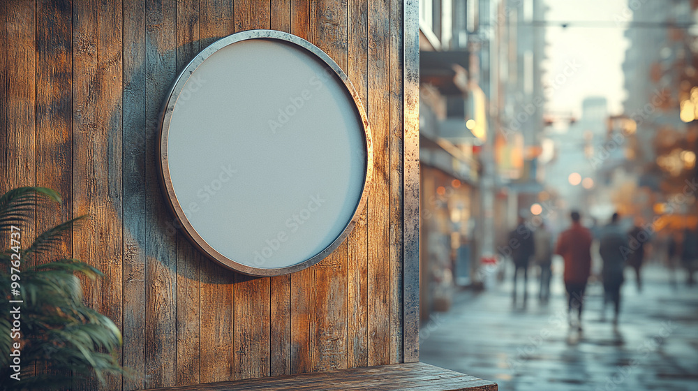 Round blank sign on rustic wooden wall in urban street setting.