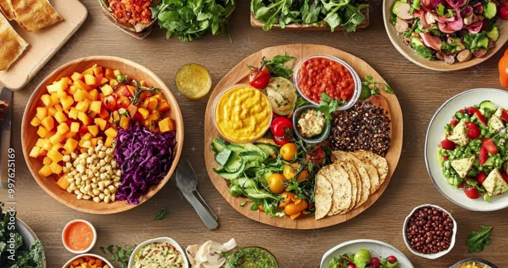 A beautifully arranged vegan picnic spread on a wooden table, featuring colorful fruits, vegetables, and plant-based dishes. The scene should include a clean, light-colored background A beautifully arranged vegan picnic spread on a wooden table, featuring colorful fruits, vegetables, and plant-based dishes. The scene should include a clean, light-colored background