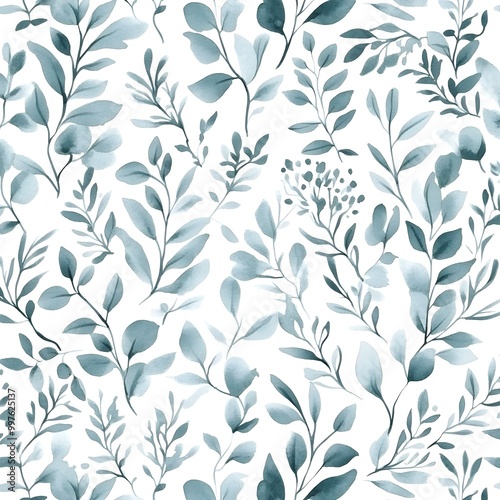 Watercolor Blue Eucalyptus Leaves Pattern