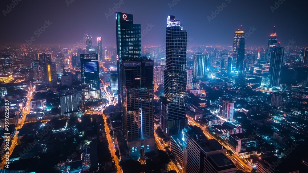 Bangkok skyscrapers with holograms and indicators of B2B icons Bangkok skyscrapers with holograms and indicators of B2B icons