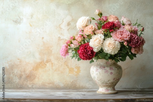 A beautiful arrangement of roses and carnations in a vintage vase enhances the charm of an antique wooden table. Generative AI photo