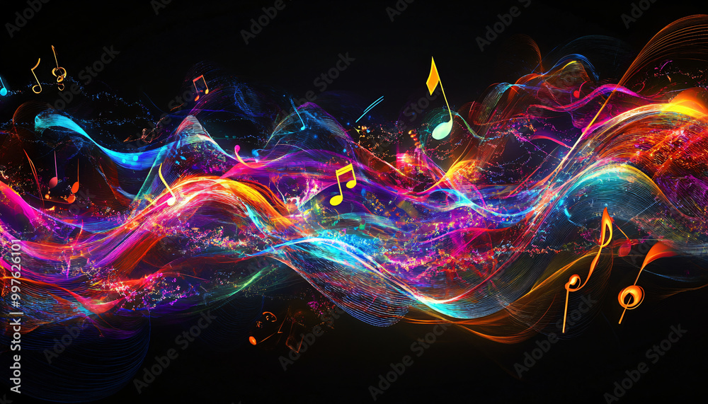 Obraz premium Visual representations of soundwaves in bright colors, accompanied by abstract notes and instruments for a modern, rhythmic aesthetic