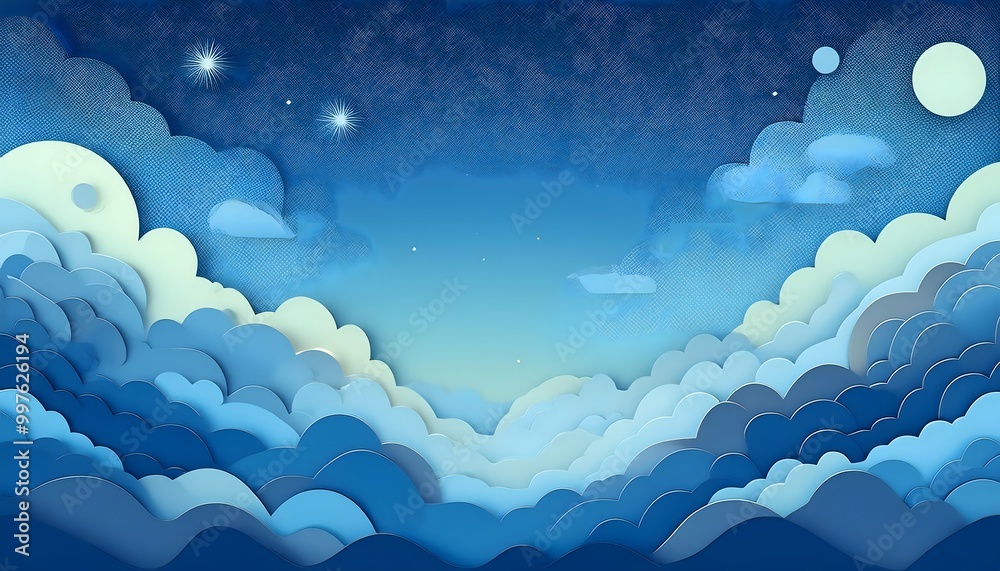 The sky background is filled with pastel fluffy clouds in a paper layer format. The sky background is filled with pastel fluffy clouds in a paper layer format.