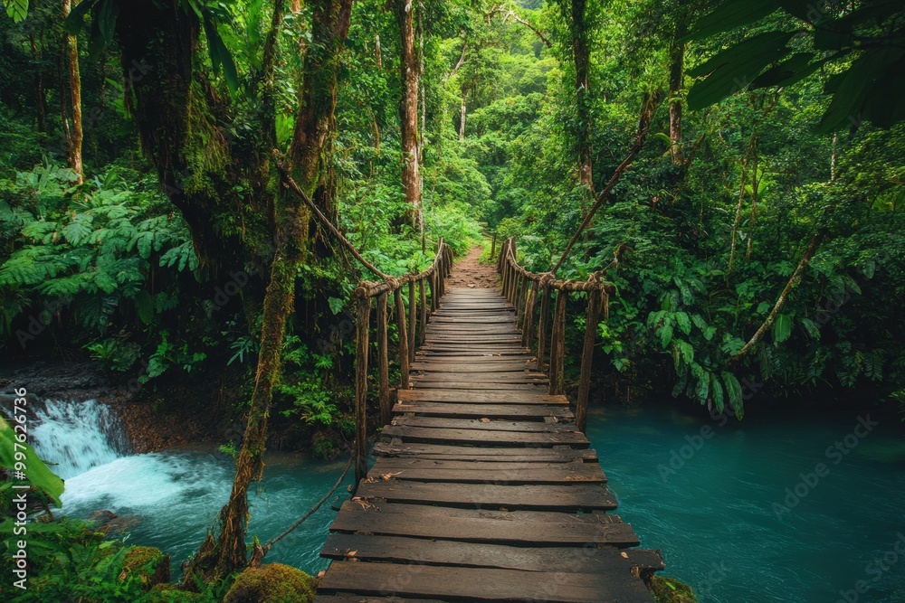 Fototapeta premium An adventurous trek through the Amazon rainforest, with towering trees, vibrant green foliage