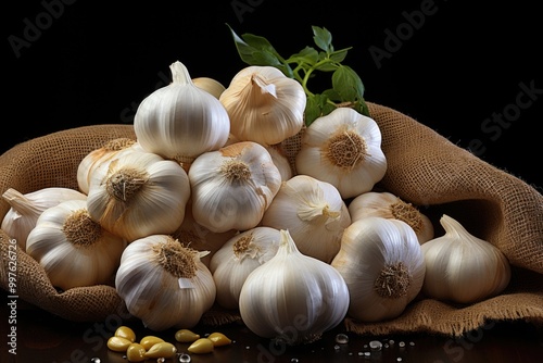 Garlic bulbs and isolated garlic cloves in the white background, generative IA