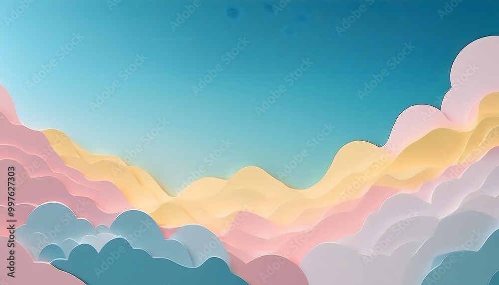 The sky background is filled with pastel fluffy clouds in a paper layer format. The sky background is filled with pastel fluffy clouds in a paper layer format.