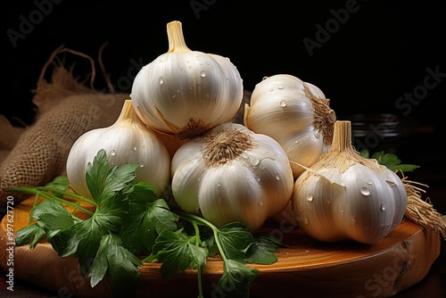 Superior view fresh garlic coated on a dark surface vegetable vegetables spice s, generative IA