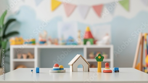 A vacant tabletop against the backdrop of a kid's play area. Toys on an interior countertop are used to showcase products. Kindergarten playground in a white mockup