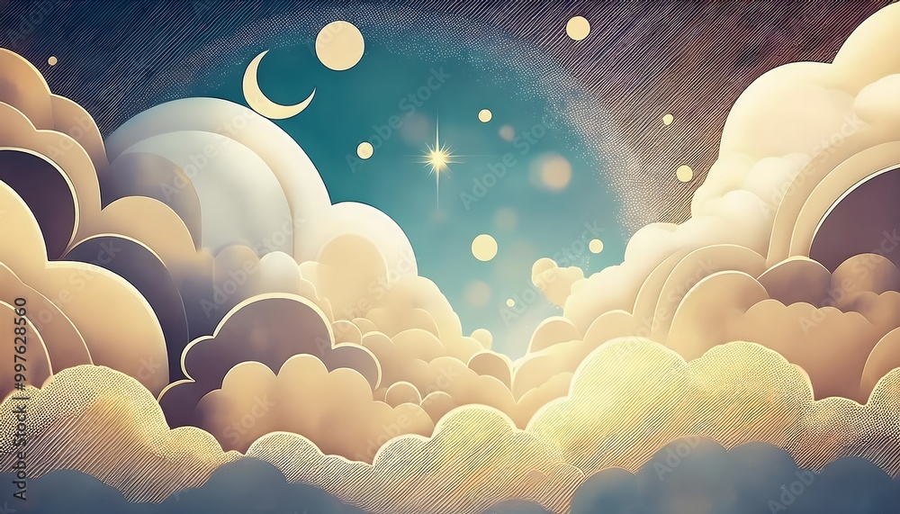 The sky background is filled with pastel fluffy clouds in a paper layer format. The sky background is filled with pastel fluffy clouds in a paper layer format.