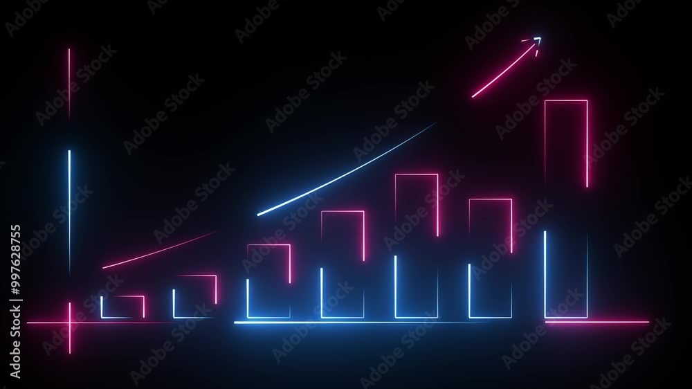 glowing neon Common business graph showing positive trending graph animation on black background. glowing neon Common business graph showing positive trending graph animation on black background.