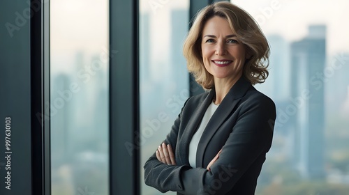 Confident Businesswoman Standing in Modern Office with City View